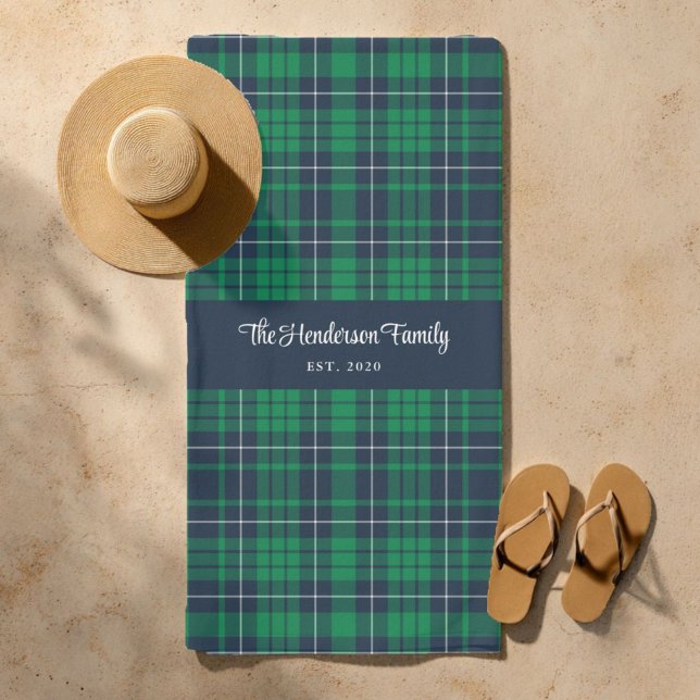 Rustic Green Blue Plaid Family Name Beach Towel (Rustic Green Blue Plaid Family Name Beach Towel)