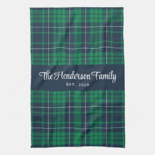Rustic Green Blue Plaid Family Name Tea Towel
