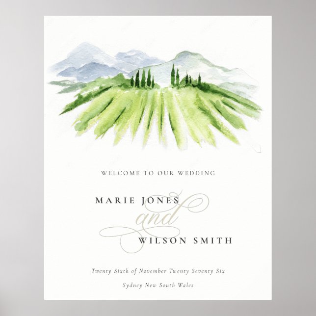 Rustic Green Blue Winery Vineyard Wedding Welcome Poster (Front)