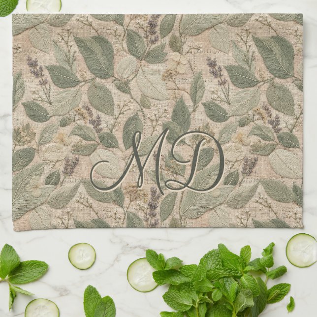Rustic Green Botanical Leaf Pattern Tea Towel (Folded)