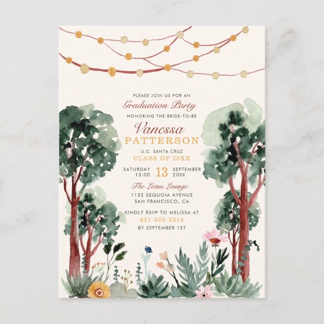 Rustic Green Botanical Trees Unique Graduation Invitation Postcard (Front)