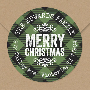 Rustic Green Buffalo Check Holiday Return Address Classic Round Sticker
