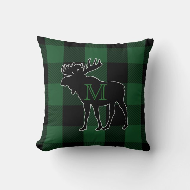 Rustic Green Buffalo Check | Monogrammed Moose Cushion (Front)