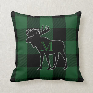 Rustic Green Buffalo Check Monogrammed Moose Cushion
