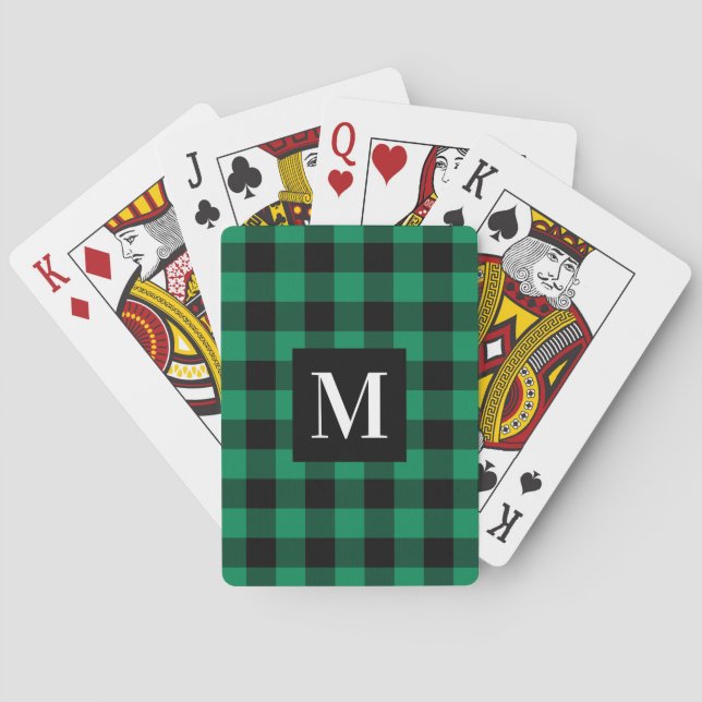Rustic Green Buffalo Plaid Custom Monogram Playing Cards (Back)