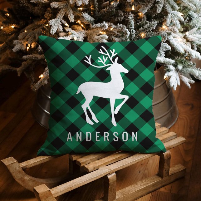 Rustic Green Buffalo Plaid Deer Christmas Monogram Cushion (Creator Uploaded)