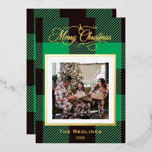 Rustic Green Buffalo Plaid Foil Photo Family