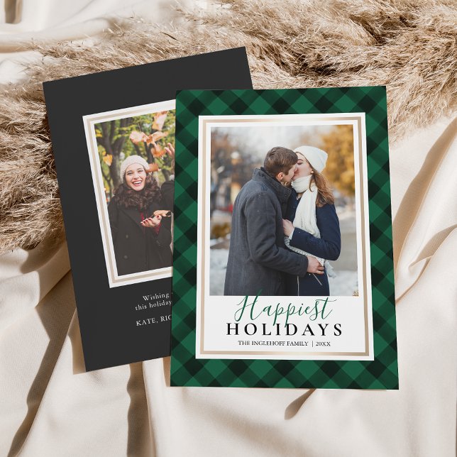 Rustic Green Buffalo Plaid Happiest Holidays Photo Holiday Card (Creator Uploaded)