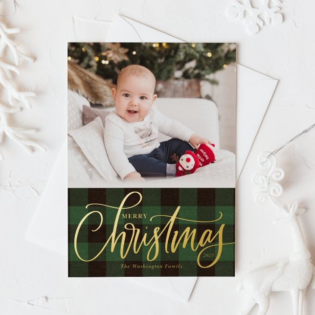 Rustic Green Buffalo Plaid Merry Christmas Photo (Rustic Green Buffalo Plaid Pattern Merry Christmas Photo Foil Holiday Card)