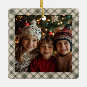 Rustic Green Buffalo Plaid Photo Keepsake Ceramic Ornament