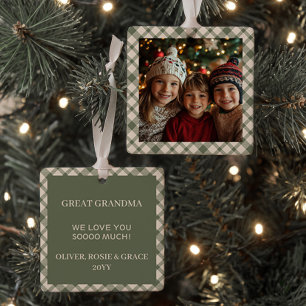 Rustic Green Buffalo Plaid Photo Keepsake Ceramic Ornament