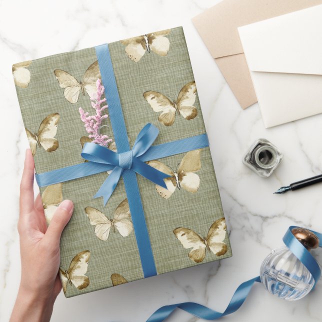 Rustic Green Butterflies Birthday Wrapping Paper (Gifting)