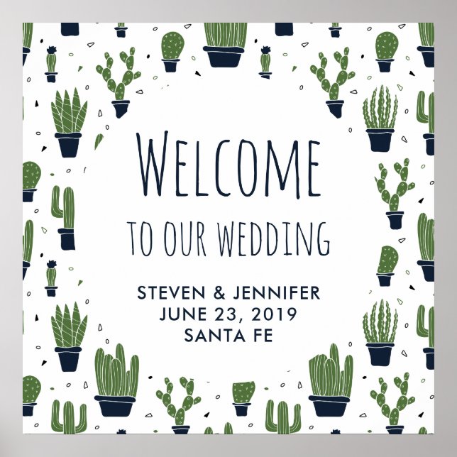 Rustic Green Cactus Desert Pattern Wedding Welcome Poster (Front)