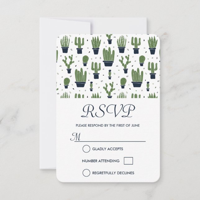 Rustic Green Cactus Pattern Wedding RSVP Card (Front)