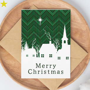 Rustic Green Chevron Knit Christmas Village Card