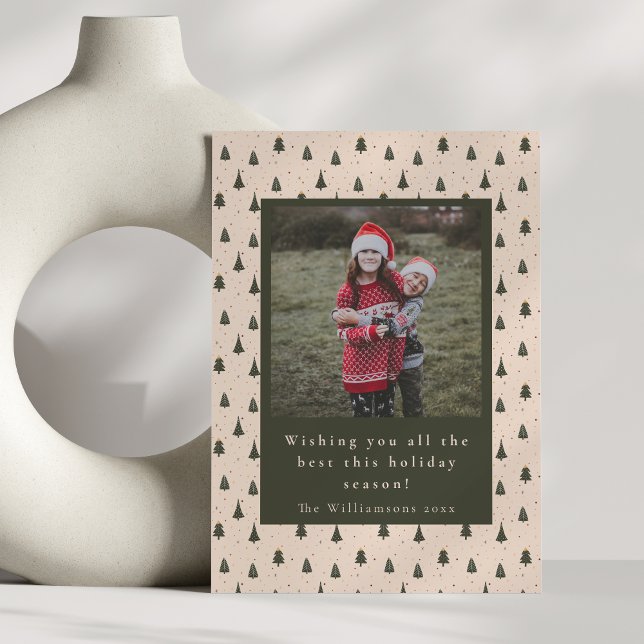 Rustic Green Christmas Trees Two Photo Vertical Holiday Card (Creator Uploaded)
