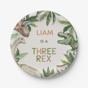 Rustic Green Dinosaur Three Rex 3rd Birthday Paper Plate