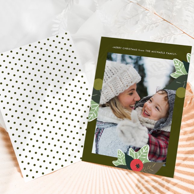Rustic Green Dots Botanical Frame Photo Christmas Holiday Card (Creator Uploaded)