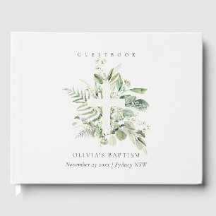 Rustic Green Eucalyptus Fern Foliage Cross Baptism Guest Book