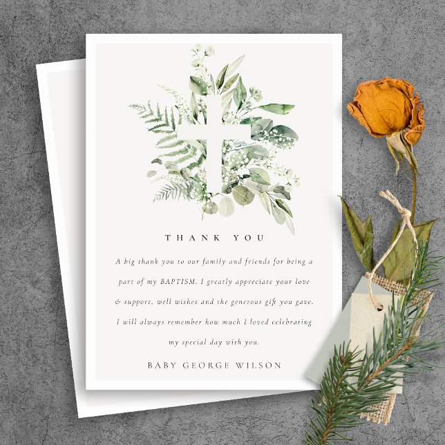 Rustic Green Eucalyptus Fern Foliage Cross Baptism Thank You Card (Creator Uploaded)