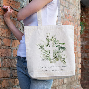 Rustic Green Eucalyptus Fern Foliage Cross Baptism Tote Bag