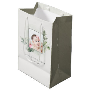 Rustic Green Eucalyptus Fern Foliage Photo Baptism Medium Gift Bag