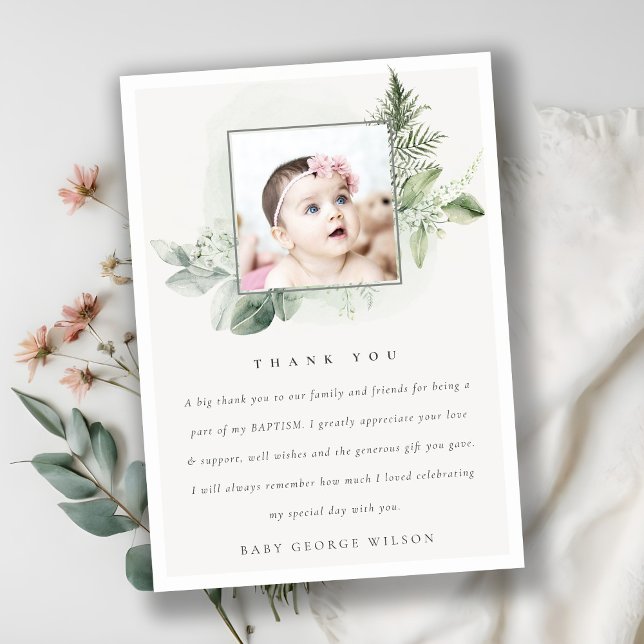 Rustic Green Eucalyptus Fern Foliage Photo Baptism Thank You Card (Creator Uploaded)