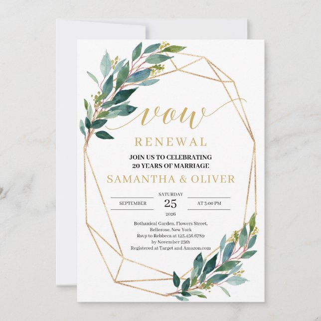 Rustic green eucalyptus gold frame vow renewal invitation (Front)