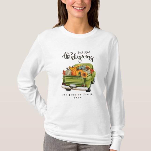 Rustic Green Farm Truck Thanksgiving Family T-Shirt (Front)