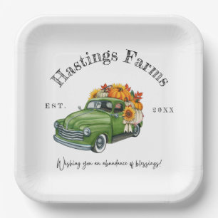 Rustic Green Farm Truck Thanksgiving Harvest Paper Plate