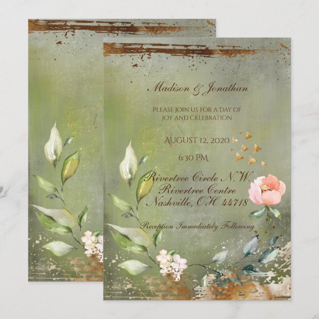 Rustic Green Floral Gold Script Wedding Invitation (Front/Back)
