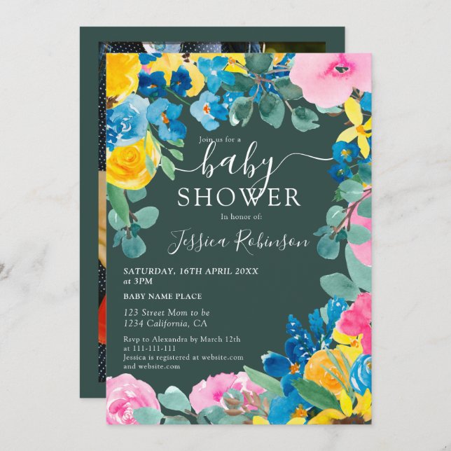 Rustic green floral photo baby shower invitation (Front/Back)