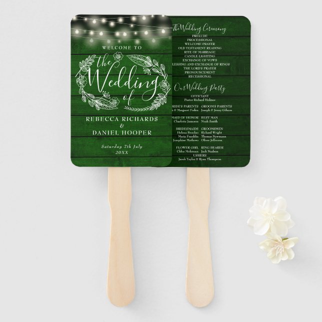 Rustic Green Floral String Lights Wedding Program Hand Fan (Front and Back)