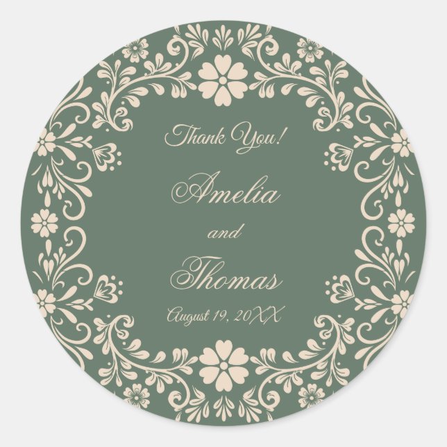 Rustic Green Floral Wedding Thank You Classic Round Sticker (Front)