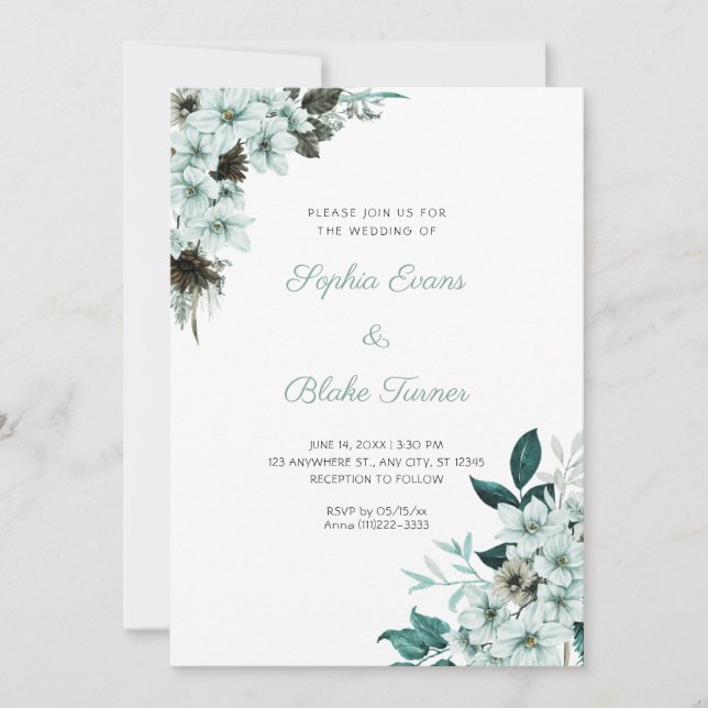 Rustic Green Flowers Boho White Wedding Invitation (Front)