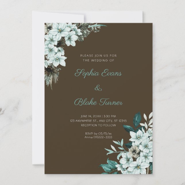 Rustic Green Flowers Boho Wood Brown Wedding Invitation (Front)