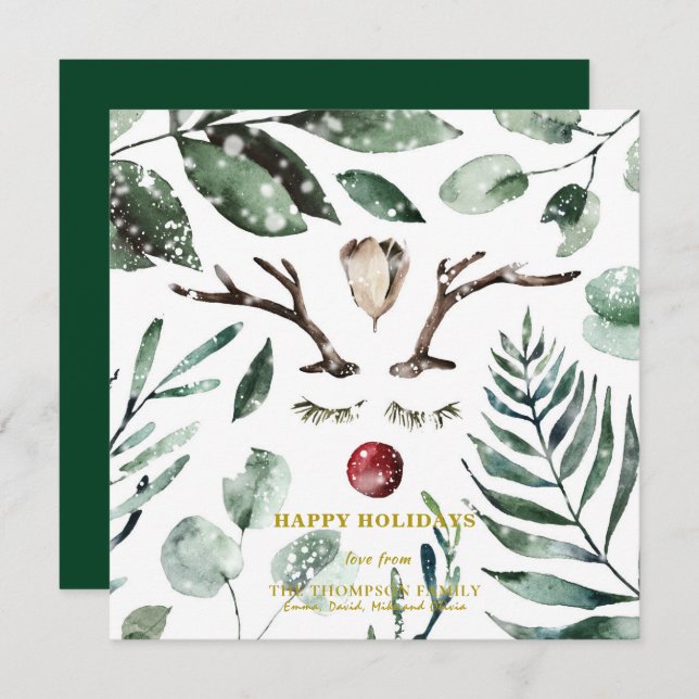 Rustic Green Foliage Snow Overlay Magnolia Holiday Card (Front/Back)