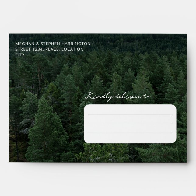 Rustic Green Forest Photo Custom Woodland Wedding Envelope (Front)