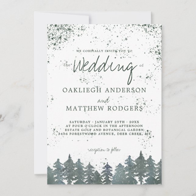Rustic Green Forest Snowy Winter Wedding Invitation (Front)