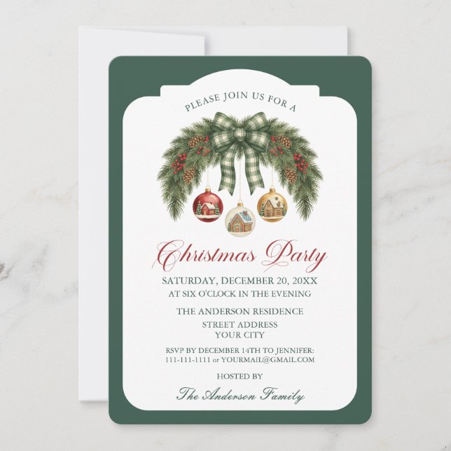 Rustic Green Garland Plaid Bow Christmas Party Invitation (Front)