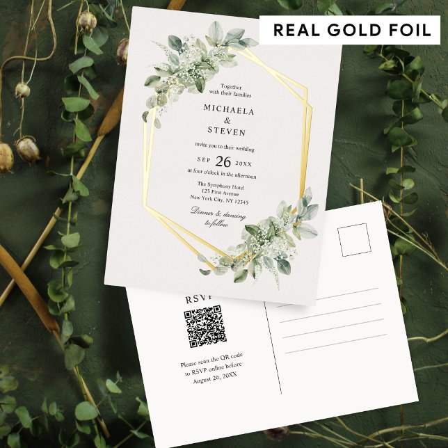 Rustic Green Geometric Greenery Wedding Real Gold Foil Invitation Postcard (Creator Uploaded)