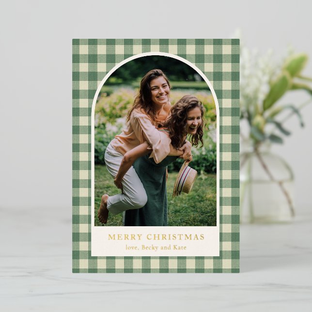 Rustic Green Gingham Arch Photo Modern Christmas (Standing Front)