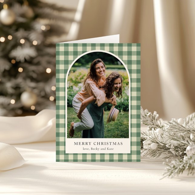 Rustic Green Gingham Arch Photo Modern Christmas Card (Creator Uploaded)