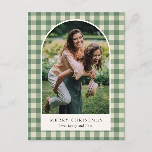 Rustic Green Gingham Arch Photo Modern Christmas Holiday Postcard (Front)