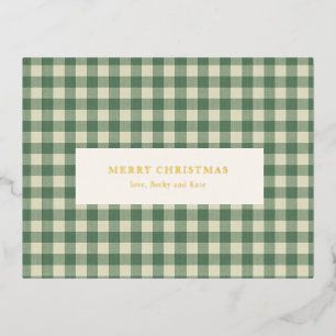 Rustic Green Gingham Modern Christmas Foil Holiday Postcard