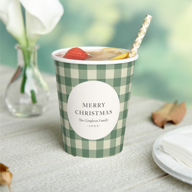 Rustic Green Gingham Modern Christmas Paper Cups (Insitu)