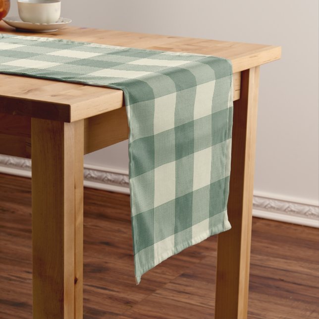 Rustic Green Gingham Modern Christmas Short Table Runner (In Situ)