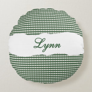 Rustic Green Gingham Personalized Name Round Cushion