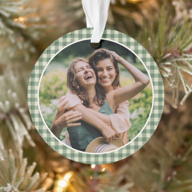 Rustic Green Gingham Photo Modern Christmas Ornament (Tree)