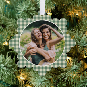 Rustic Green Gingham Photo Modern Christmas Tree Decoration Card
